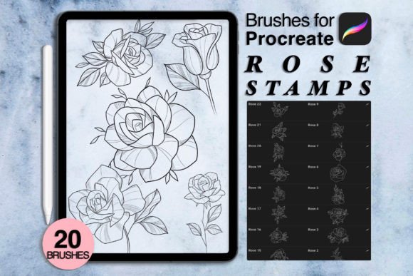 20 Procreate Rose Stamps for Digital Art